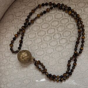Tiger Eye Mala Necklace with Antique Brass Pendant - Brown